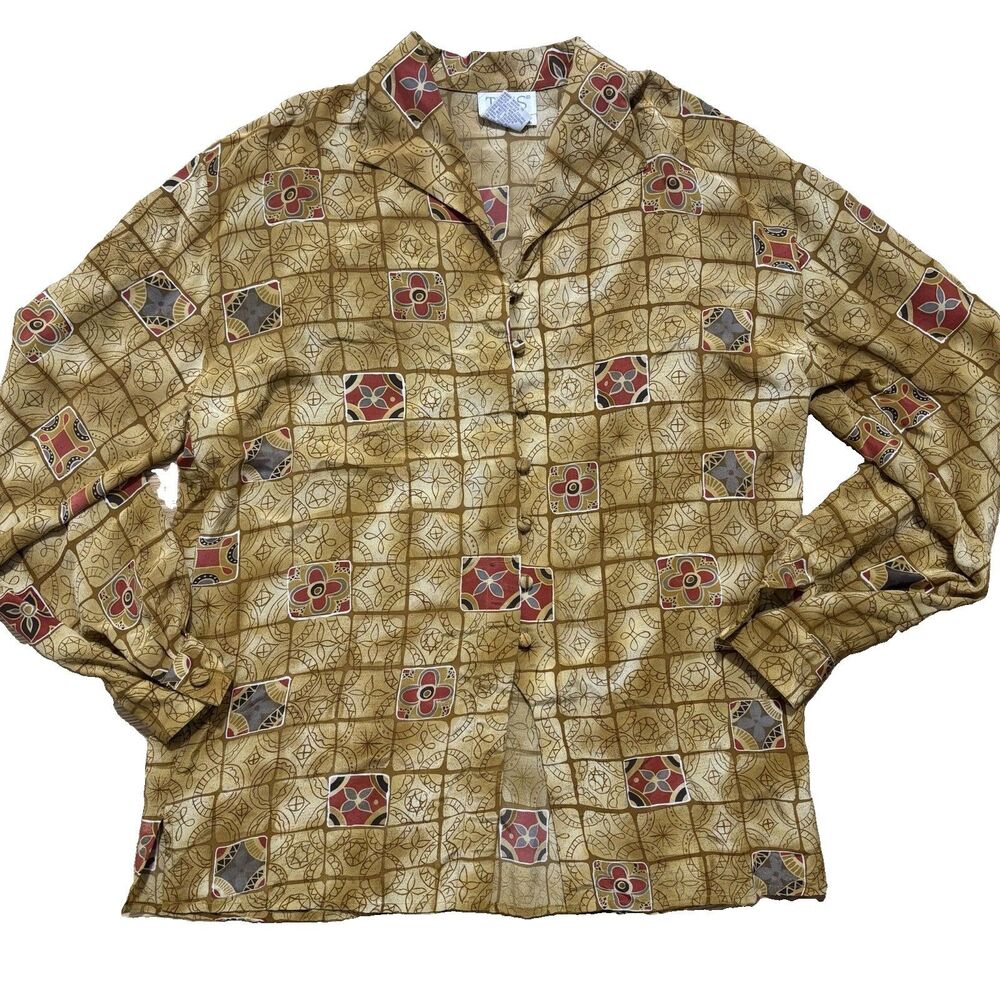 Tess Silk Blouse Women’s Sz 8 Brown Button Front Shirt Long Sleeve Vintage